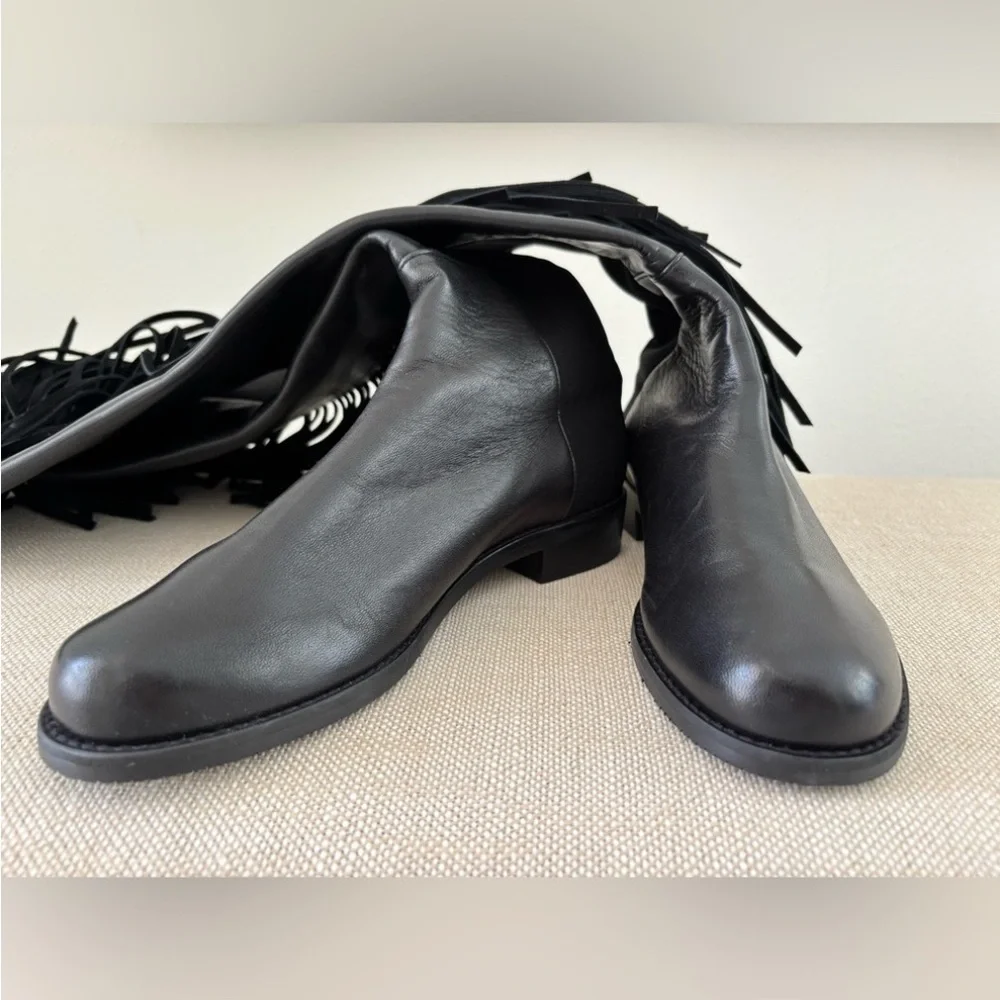 Stuart Weitzman Mane 5050 OTK Black Leather Boots NWOT Western Inspired Fringe 7